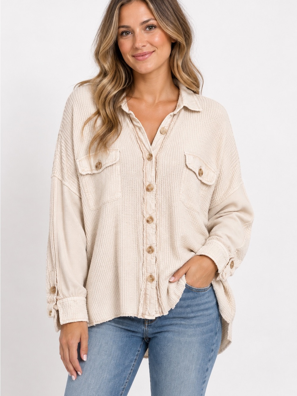 Free People One Scout Waffle Knit Button Down Oversized Shirt Cream, Size Large
